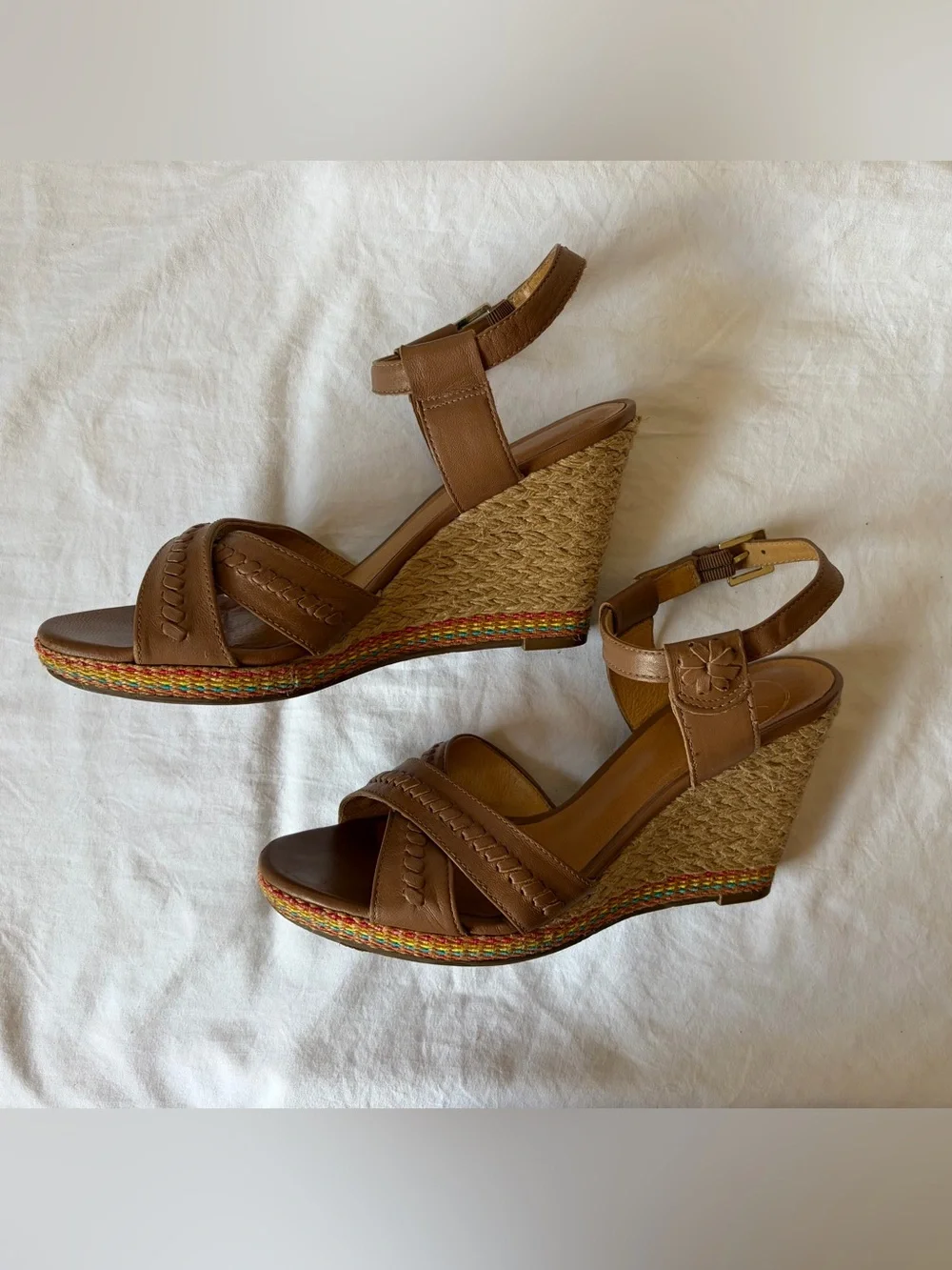 Jack Rogers Tan Leather Espadrille Wedge Heel 4” Sandals w Multicolor Trim 7.5